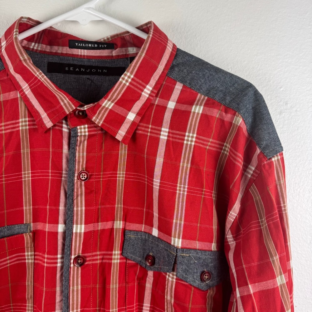 NWT SEAN JOHN Mens long sleeve flip cuff tailored fit‎ plaid shirt - 2XL